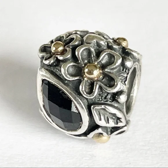 Pandora Dew Drops on Flowers Diamond Charm w/14k Details, Onyx & Diamonds - Picture 11 of 16